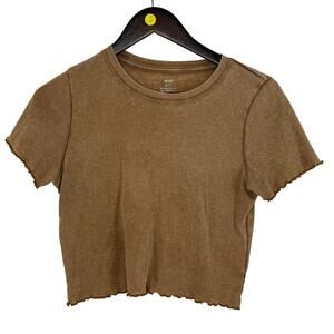 Aerie Womens Small Caramel Brown Ribbed Knit Crop Top Short Sleeve